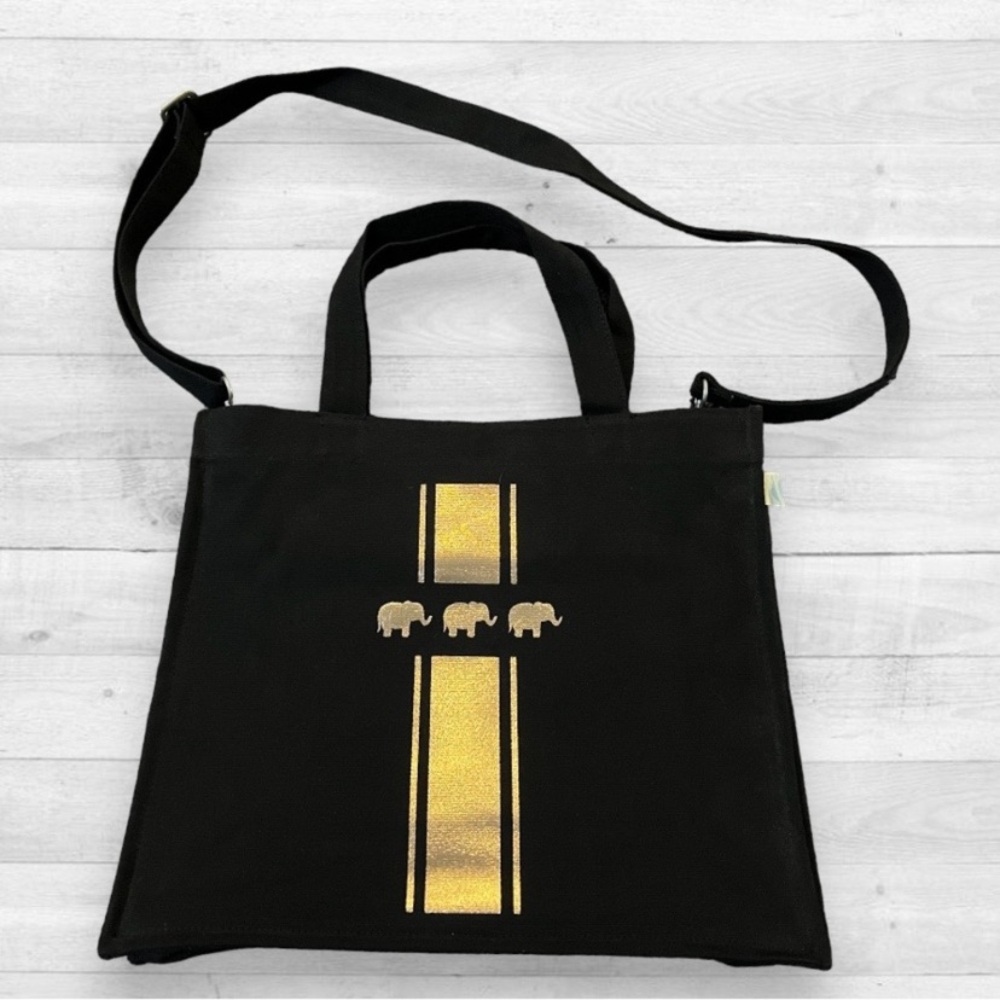 Quilted Koala Kanvas go Crossbody town tote bag black gold elephants NWOT